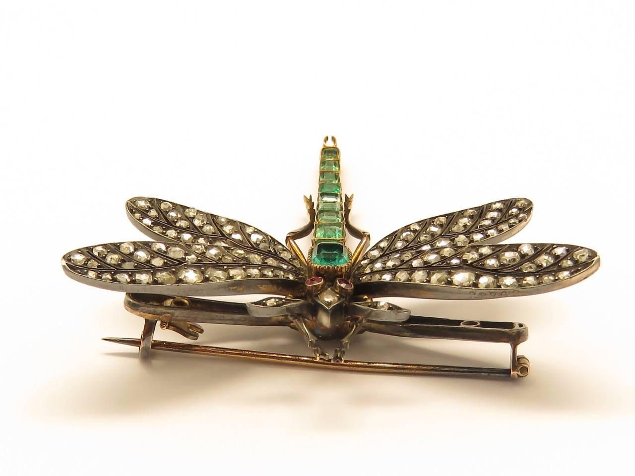 Art Nouveau Ruby Emerald Diamond Gold Silver Dragonfly Brooch 2