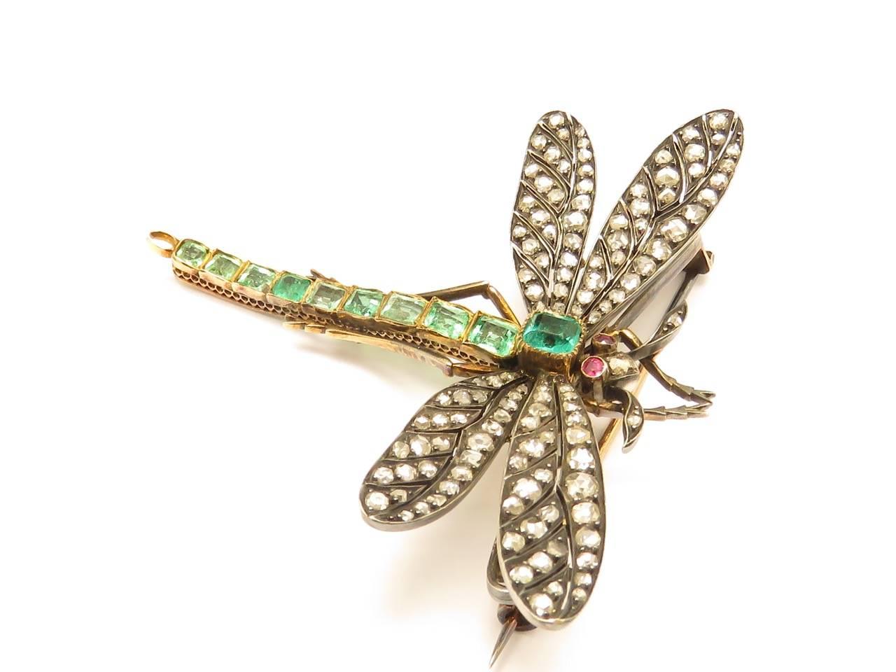 Art Nouveau Ruby Emerald Diamond Gold Silver Dragonfly Brooch 3