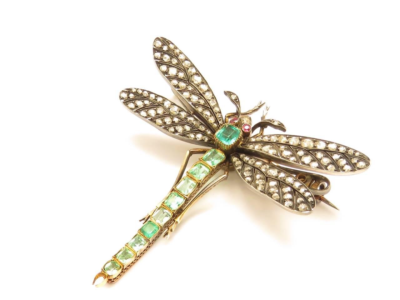 Art Nouveau Ruby Emerald Diamond Gold Silver Dragonfly Brooch 4