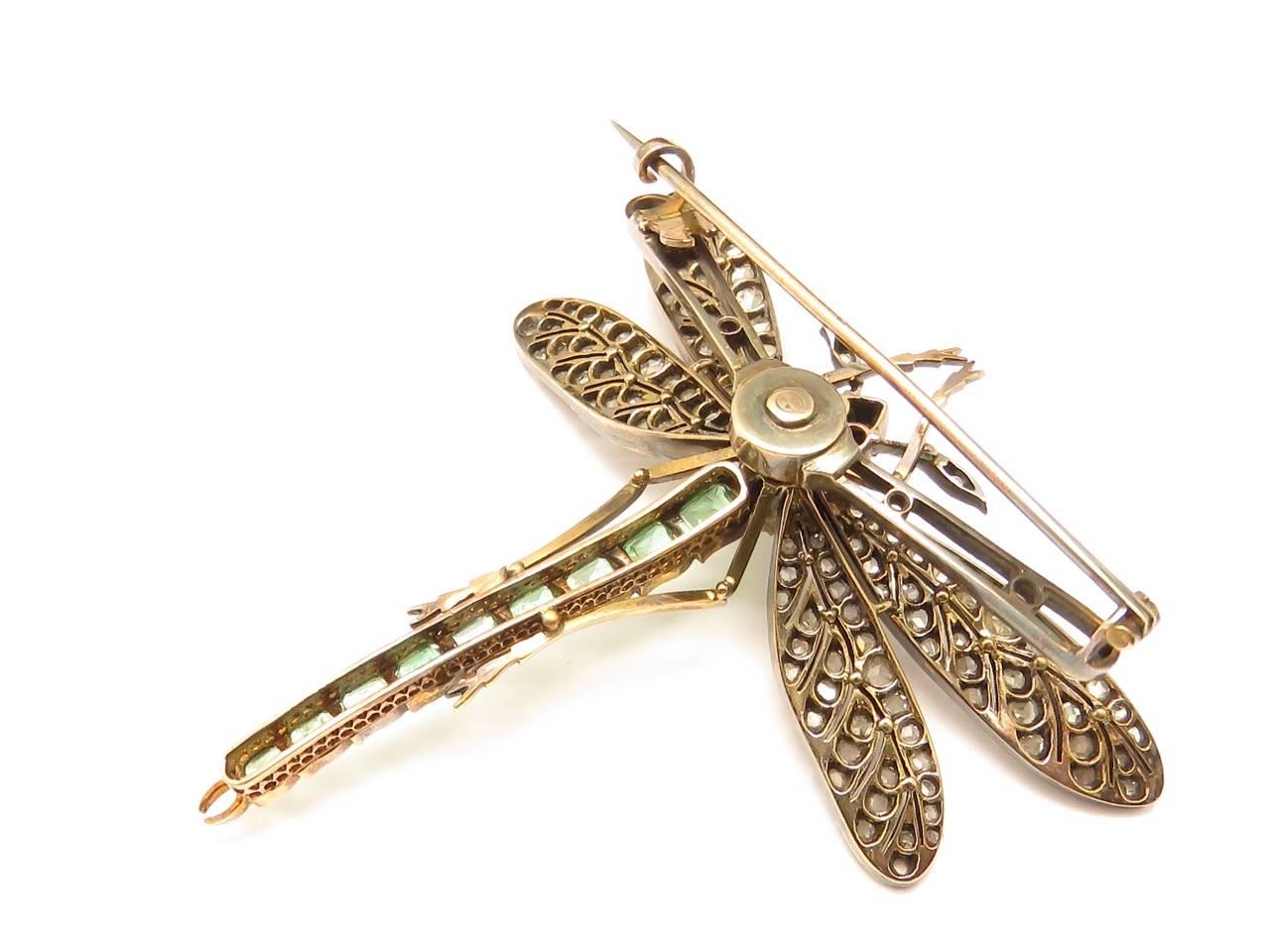 Art Nouveau Ruby Emerald Diamond Gold Silver Dragonfly Brooch 5