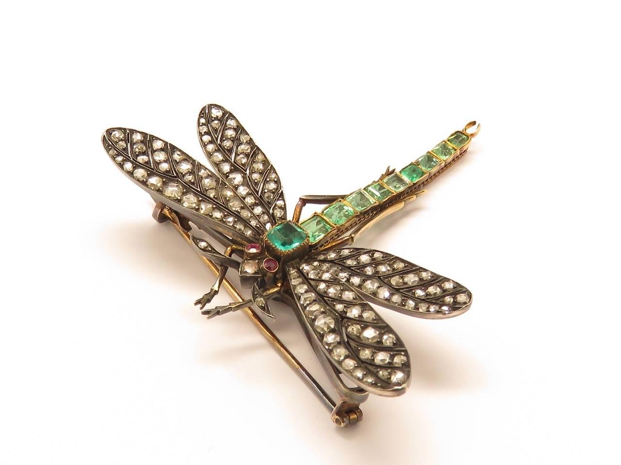 Art Nouveau Ruby Emerald Diamond Gold Silver Dragonfly Brooch 6