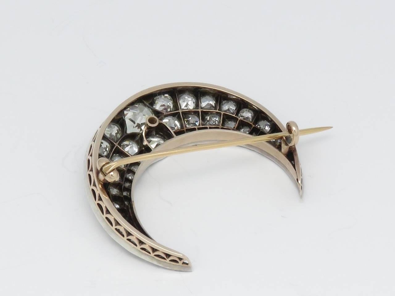 Women's Antique Old Cut Diamond Gold Silver Crescent Brooch