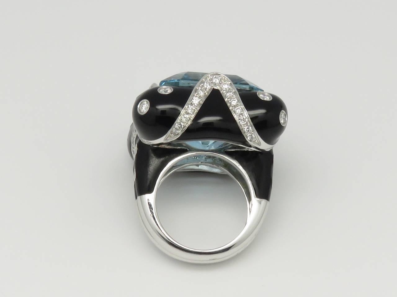 Women's Andreoli 46.25 Carat L.F.G Certified Santa Maria Aquamarine Diamond Enamel Ring For Sale