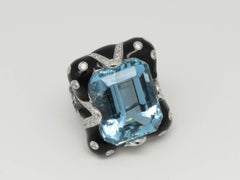 Andreoli 46.25 Carat L.F.G Certified Santa Maria Aquamarine Diamond Enamel Ring