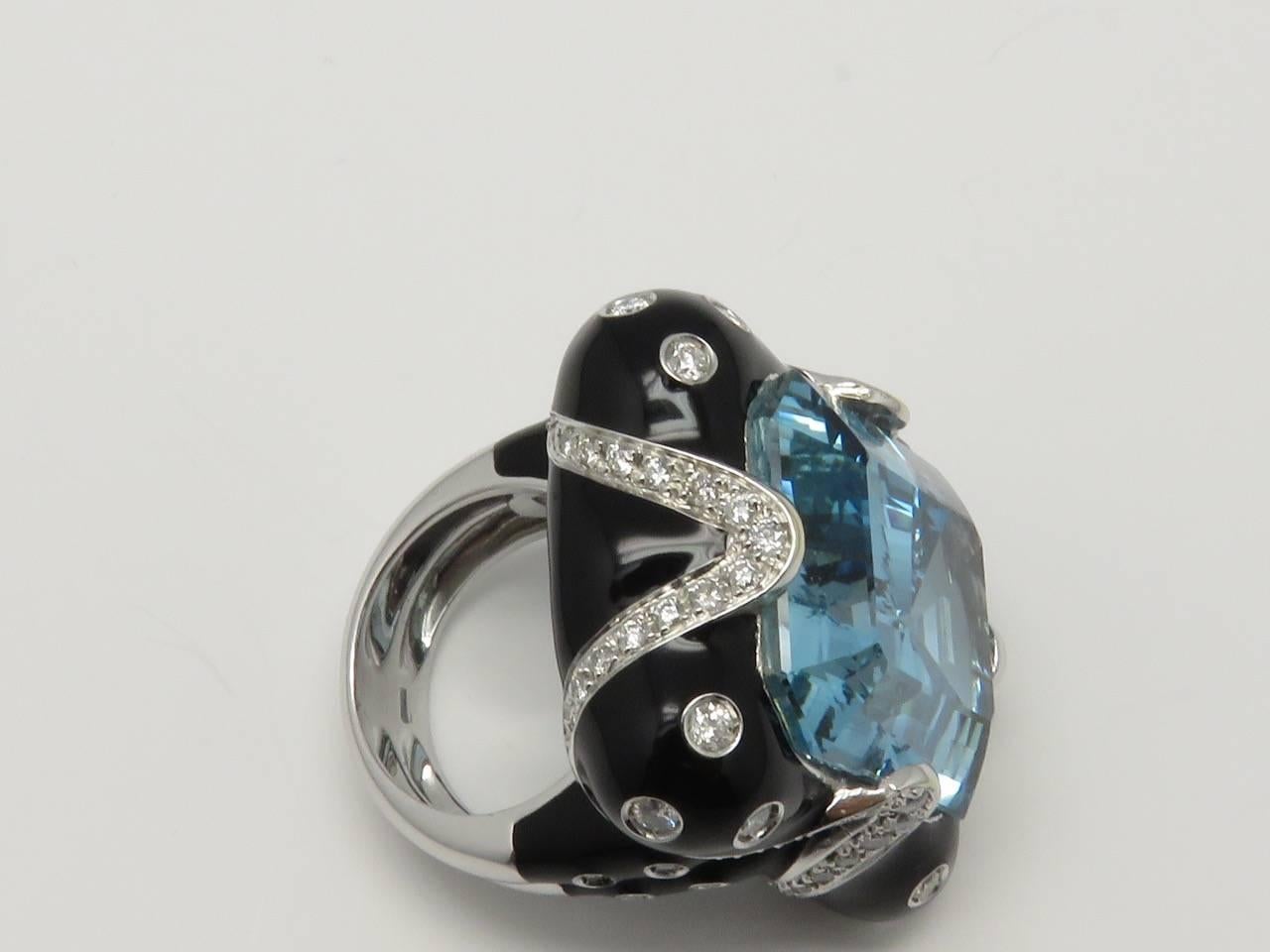 Andreoli 46.25 Carat L.F.G Certified Santa Maria Aquamarine Diamond Enamel Ring For Sale 1