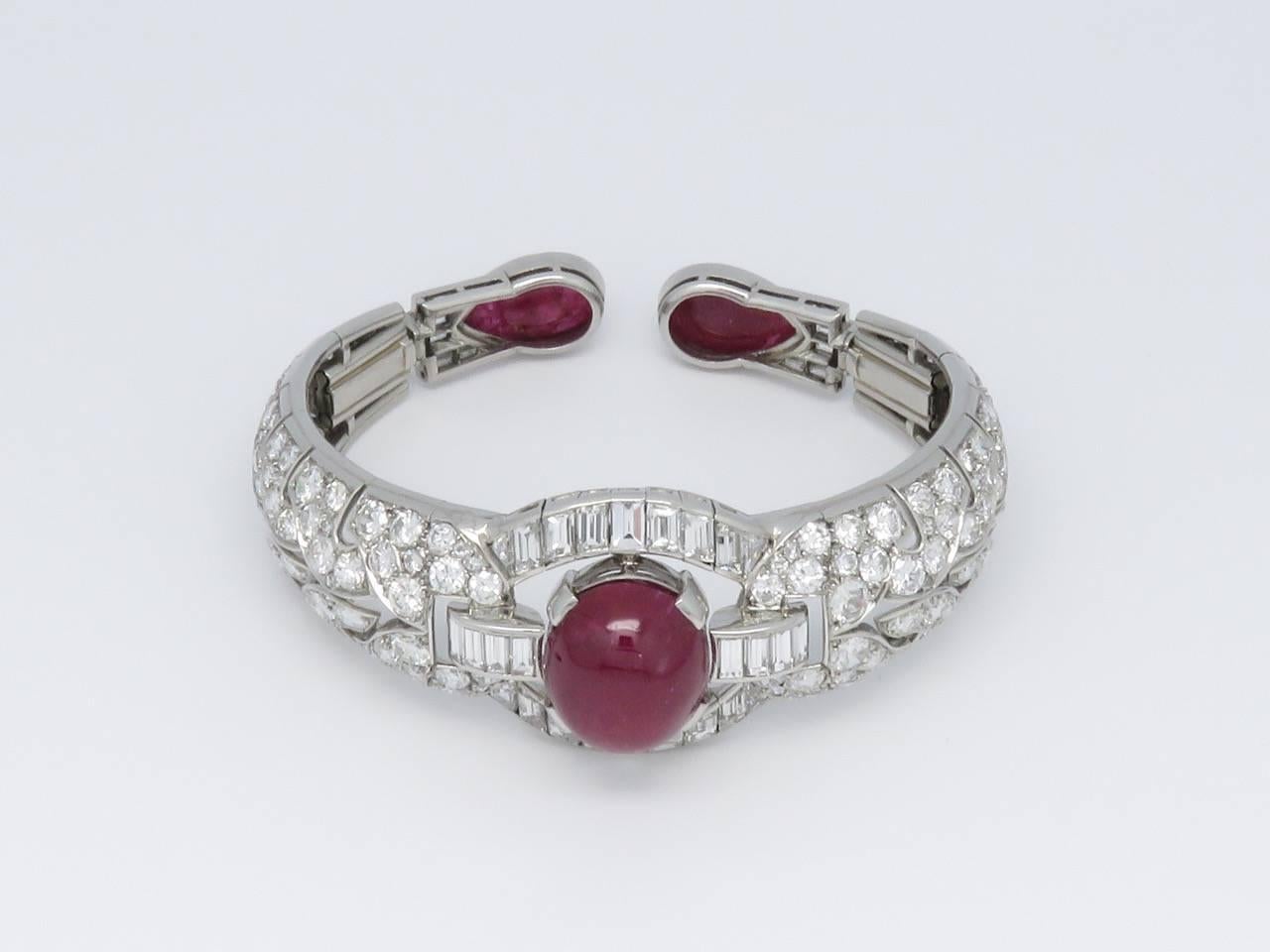 Women's French Art Deco L.F.G Certified Natural Burmese Ruby Diamond Platinum Bracelet