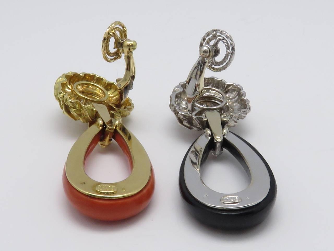 Women's 1975s Chaumet Coral Onyx Diamond Gold Clip Earrings