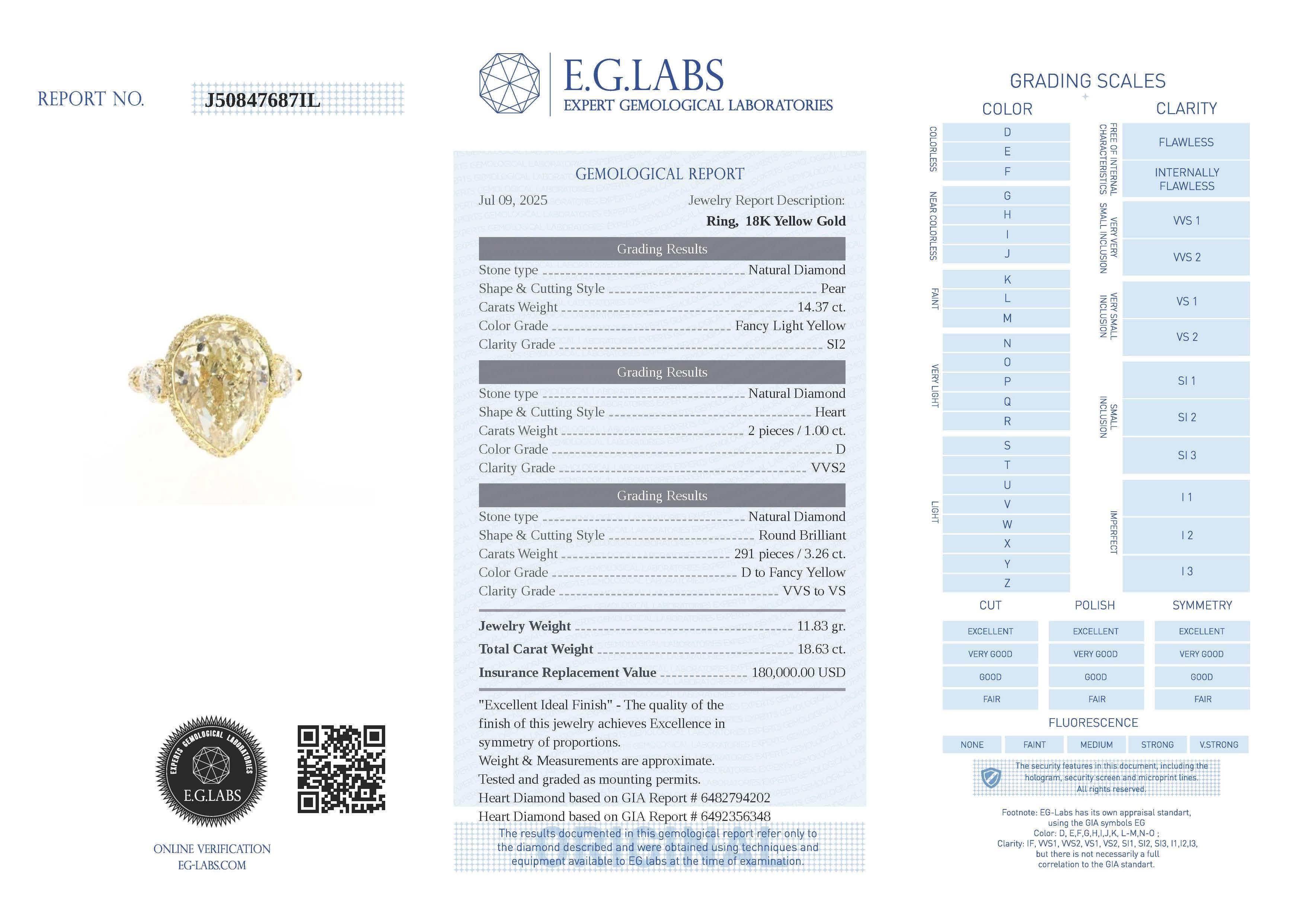 19,29 Carati  Anello con diamante giallo chiaro a forma di pera in oro giallo 18 carati, EGL In condizioni Nuovo in vendita a New York, NY
