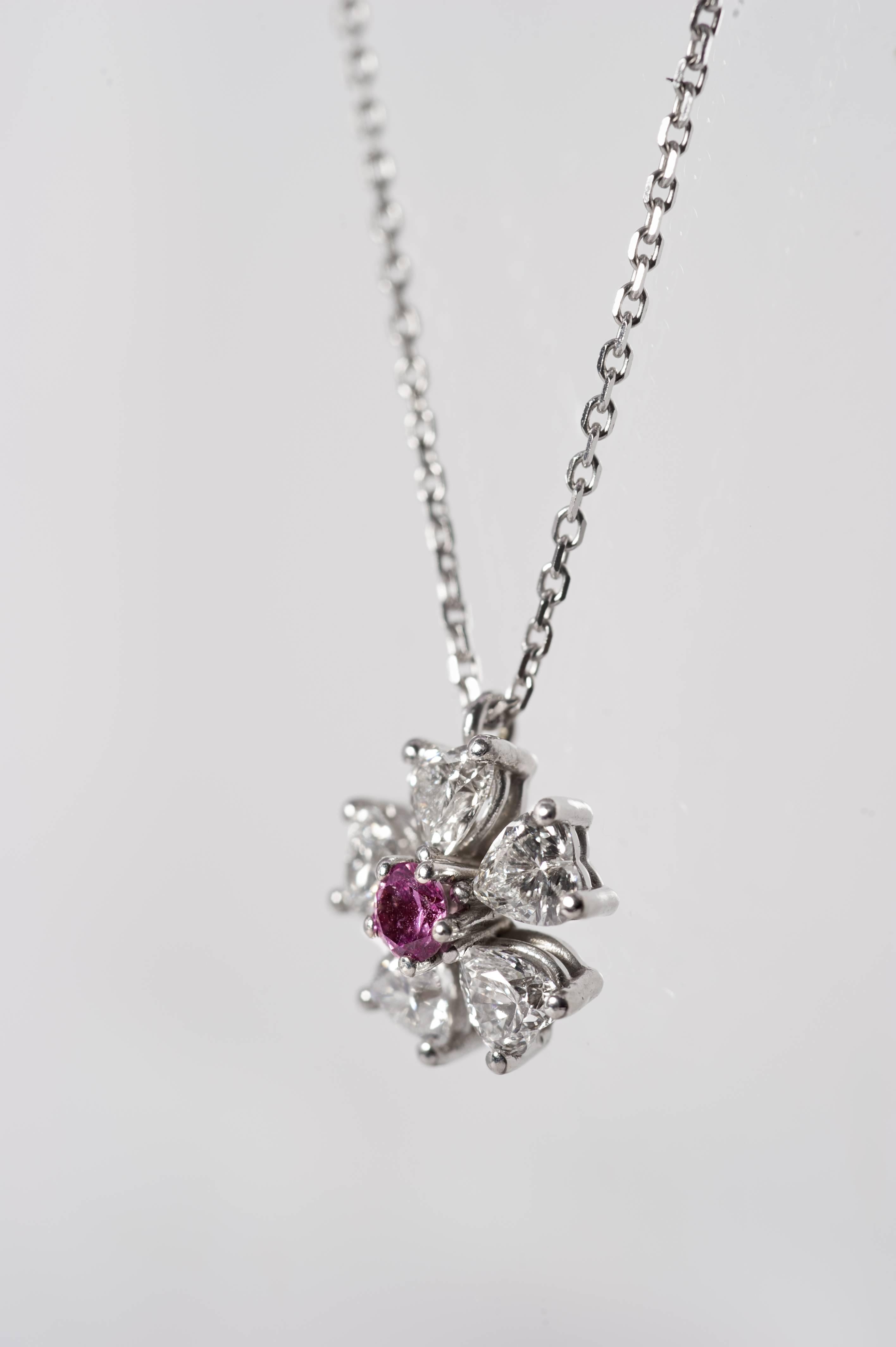 Limited edition Floral 0.85 Carat Total Diamond Weight Pendent in style of the Romantic Era. EGL Certified.
The petals are made of handcrafted  heart shaped diamonds that were ideal cut and manufactured to match each other. Matching diamond hearts