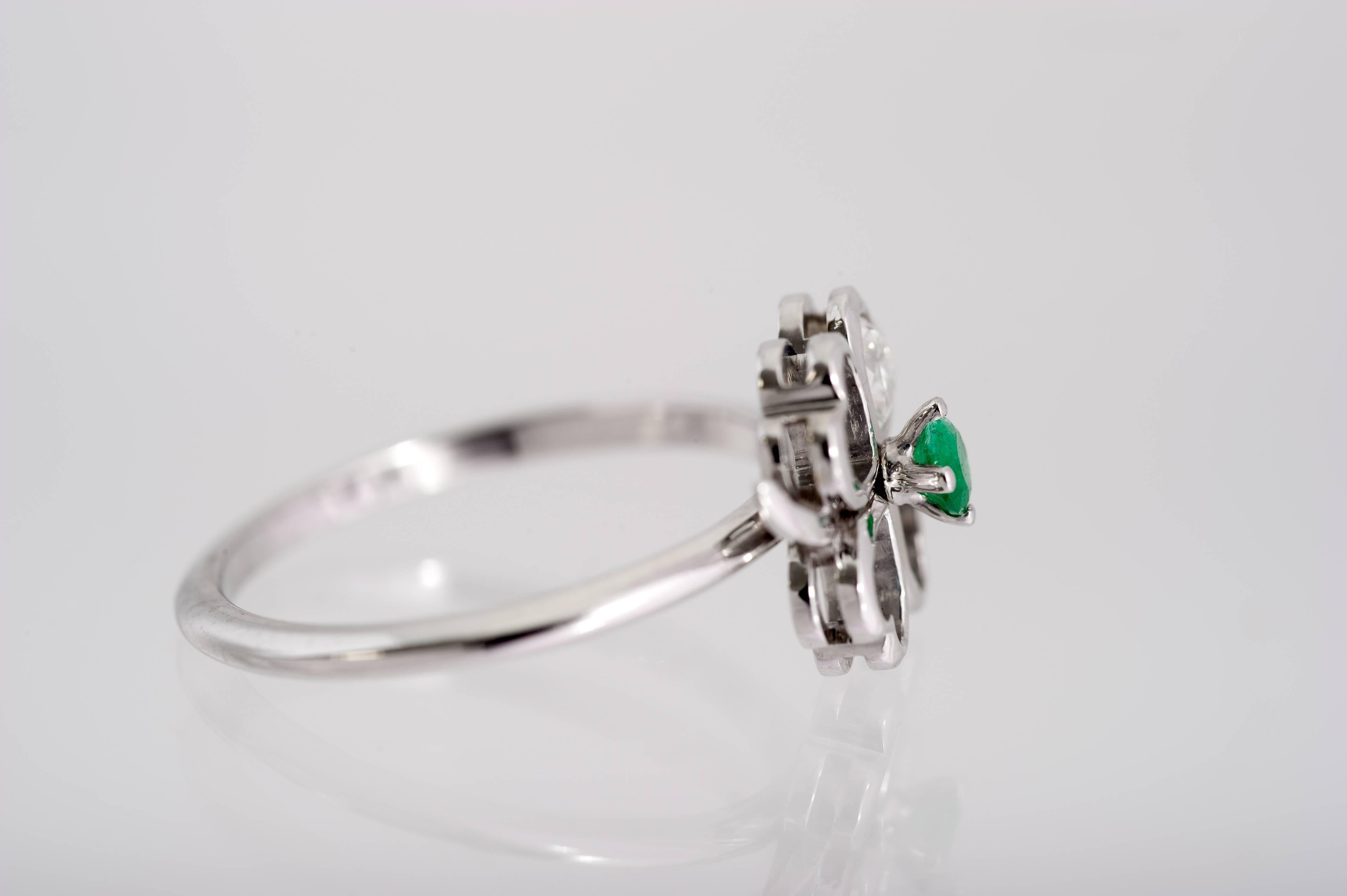 According to Irish tradition, four-leaf clover gives good luck for his finder, as each leaf in the clover symbolizes good omens for faith, hope, love, and luck . 
This one of a kind handcrafted ring is set with a 0.22 Carat Heart Shaped Diamond that