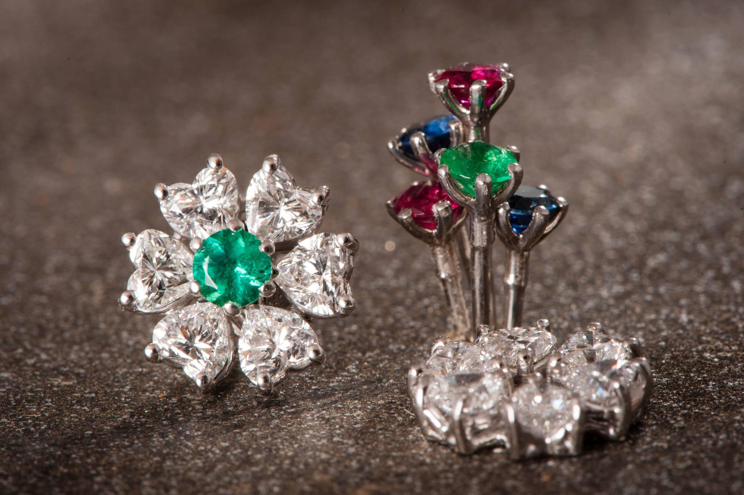 Floral Motif Interchangeable Diamond Earrings Set with Heart Shape Diamonds 3