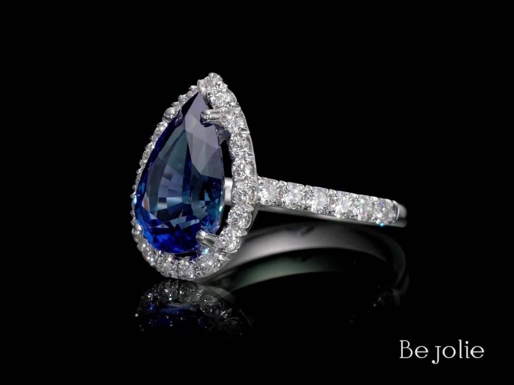 Pear Cut GRS Certified 3.53 Carat Pear Shape Blue Sapphire & Diamond  Engagement Ring For Sale