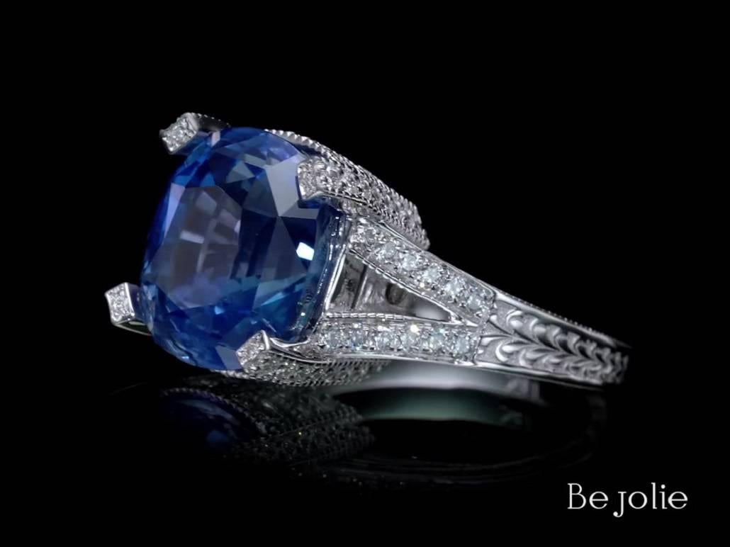 Cushion Cut GRS Certified 11.01 Carat Natural Blue Sapphire & Diamond engagement Ring  For Sale
