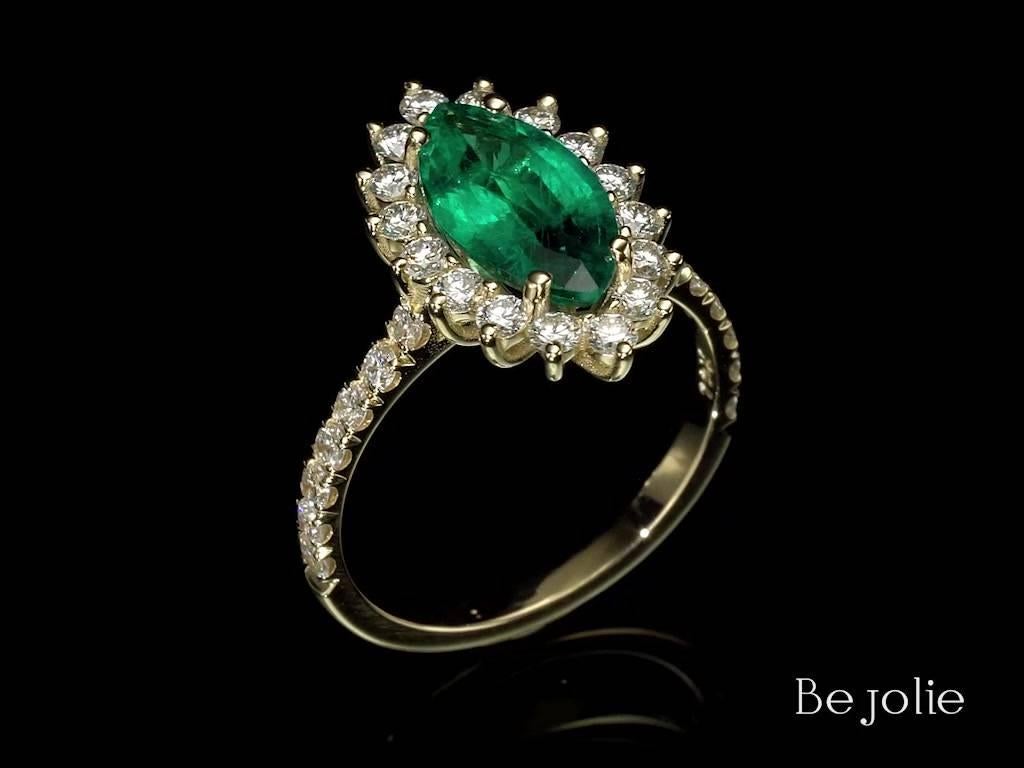 Art Deco 1.90 Carat Marquise Cut Natural Emerald and Diamond Engagement Ring For Sale