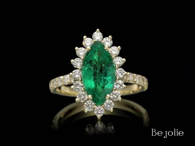 1.90 Carat Marquise Cut Natural Emerald and Diamond Engagement Ring For ...