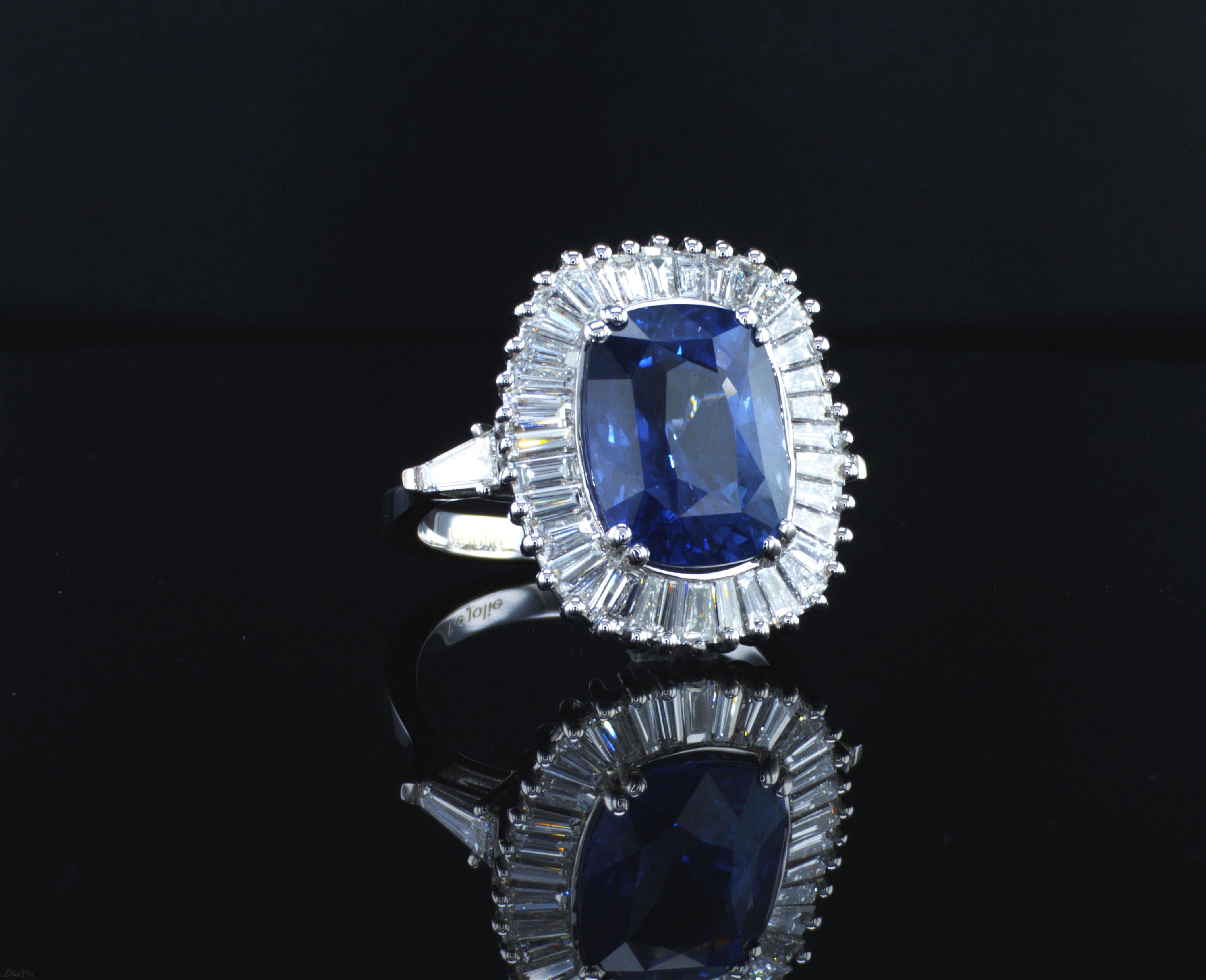 Contemporary Ballerina Style 7.63 Carat Cushion Cut Blue Sapphire & Diamonds engagment ring. 