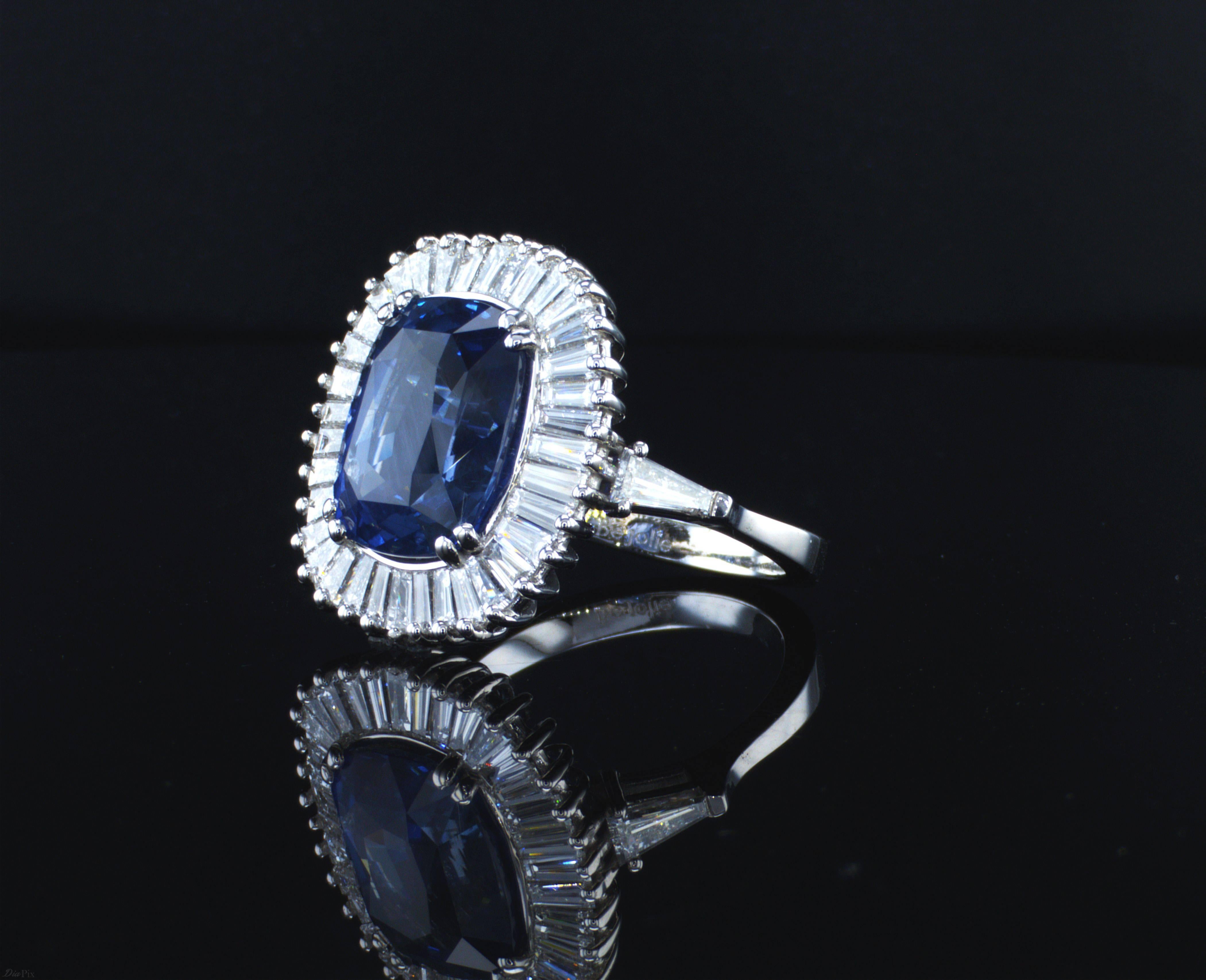 Ballerina Style 7.63 Carat Cushion Cut Blue Sapphire & Diamonds engagment ring.  In New Condition In New York, NY