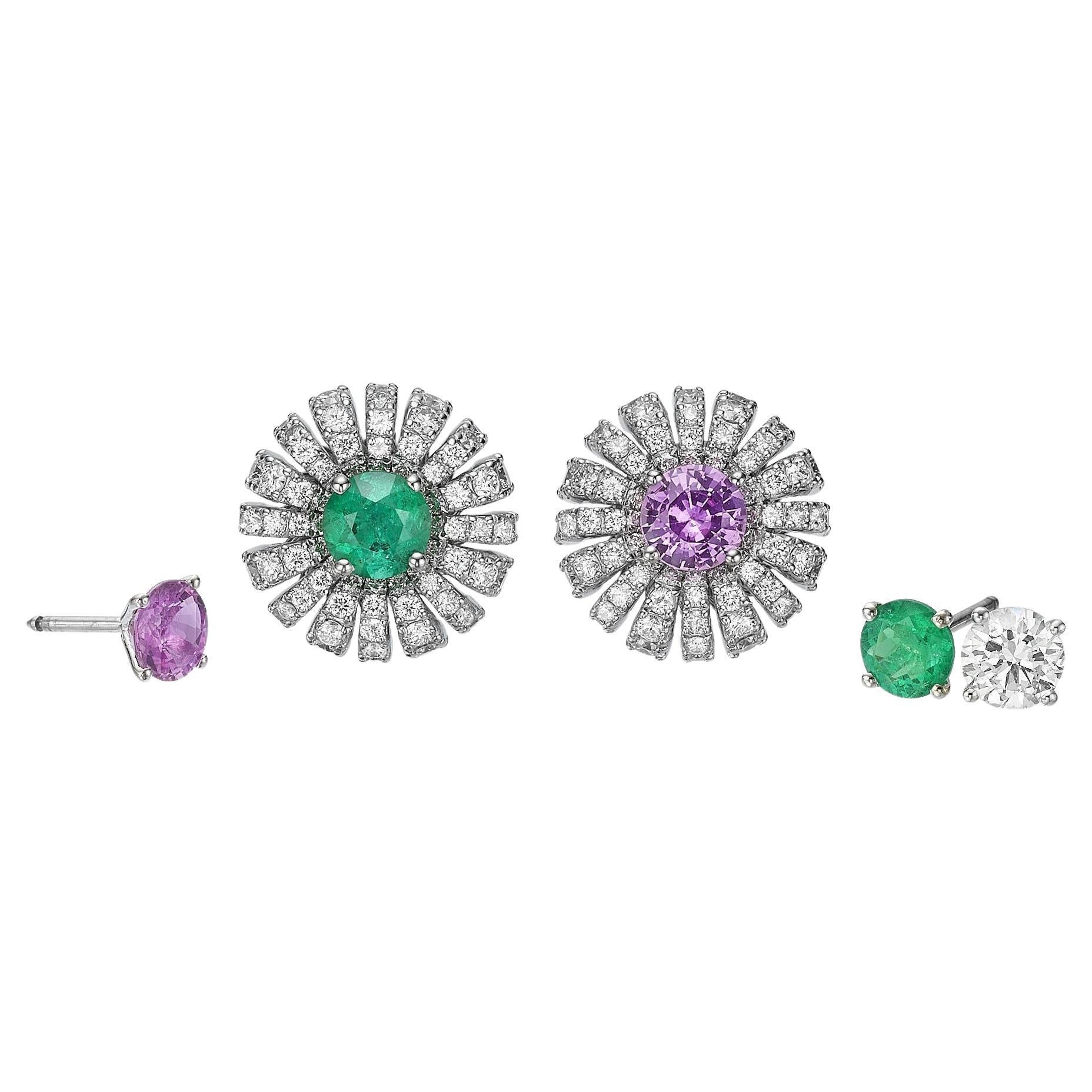  EGL Certified Interchangeable Diamond Floral Earring set -Sapphires & Emeralds 