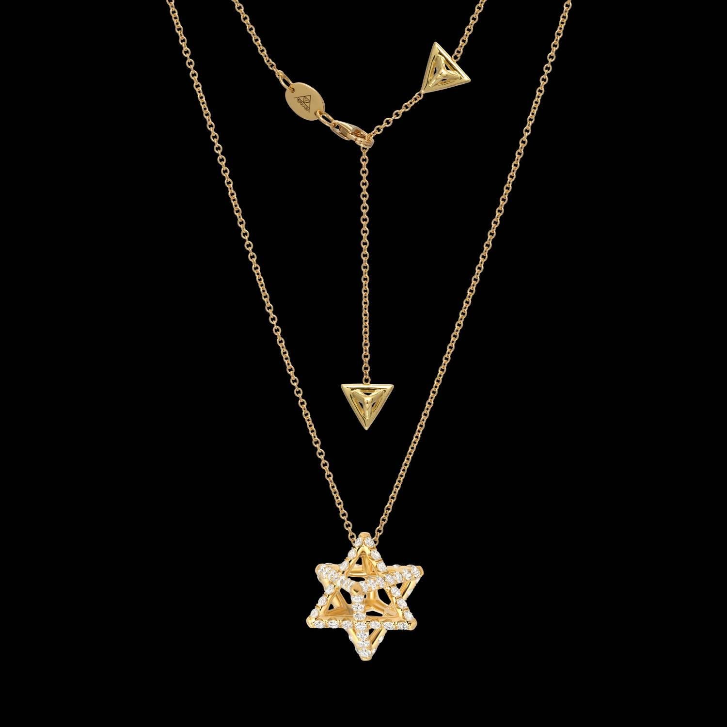 Merkaba 18k yellow gold necklace featuring a total of approximately 1.12 carats of round brilliant diamonds, F-G color and VVS2-VS1 clarity. This heirloom-quality, sacred geometric jewelry piece, suspends elegantly at the chest, measuring 0.68