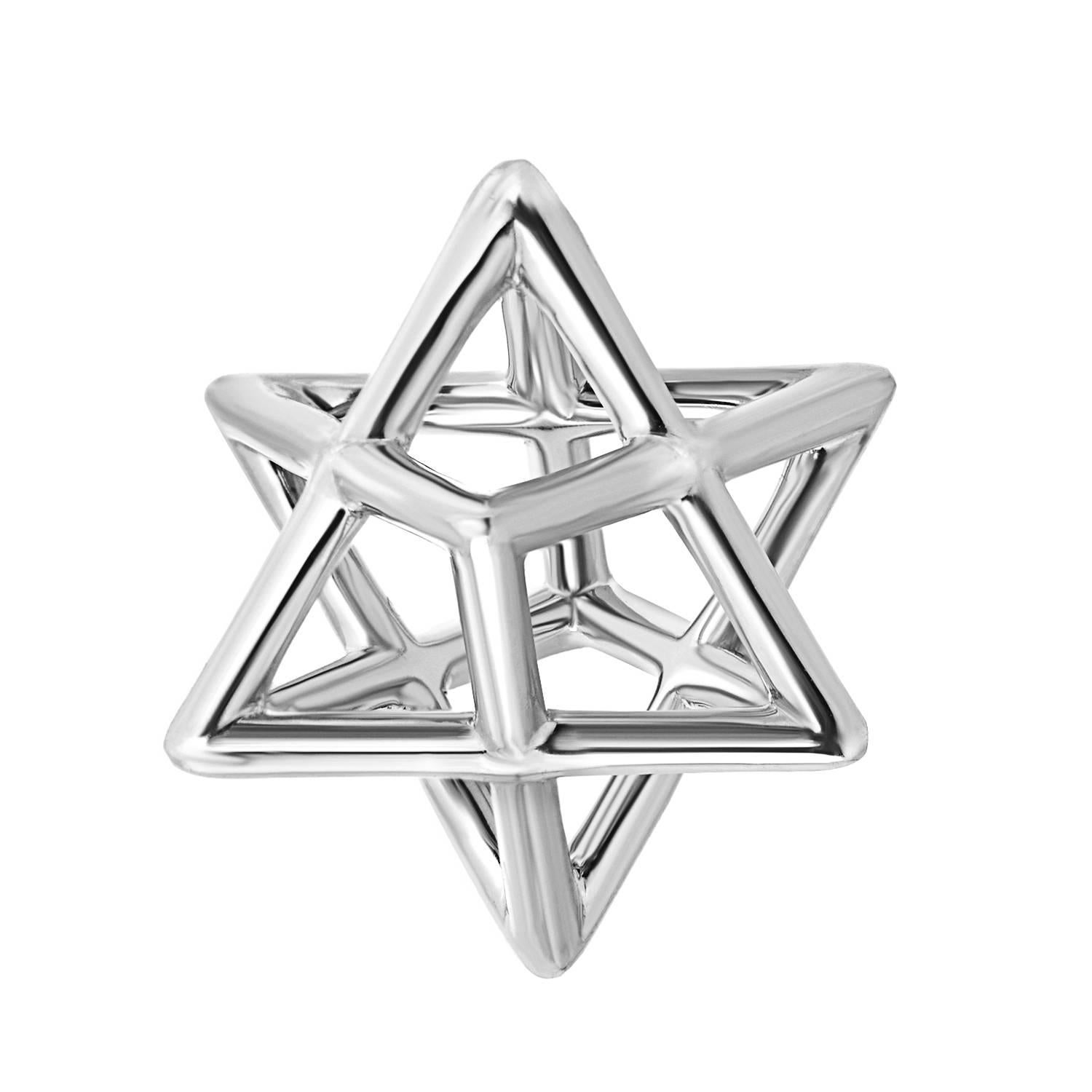 The Merkaba platinum necklace is a heirloom-quality, sacred geometric jewelry piece, highlighting superb attention to detail and extraordinary polish, symmetry and equilibrium. It suspends elegantly at the chest, measuring 0.68 inches, a
