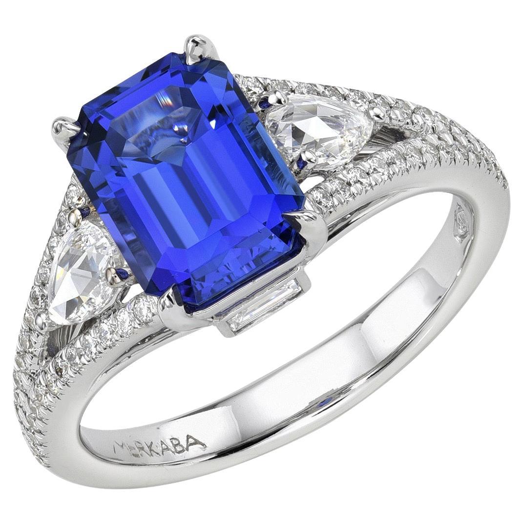 Elegant Tanzanite Emerald-Cut Ring with Diamond Accents in 18K White Gold - GIA