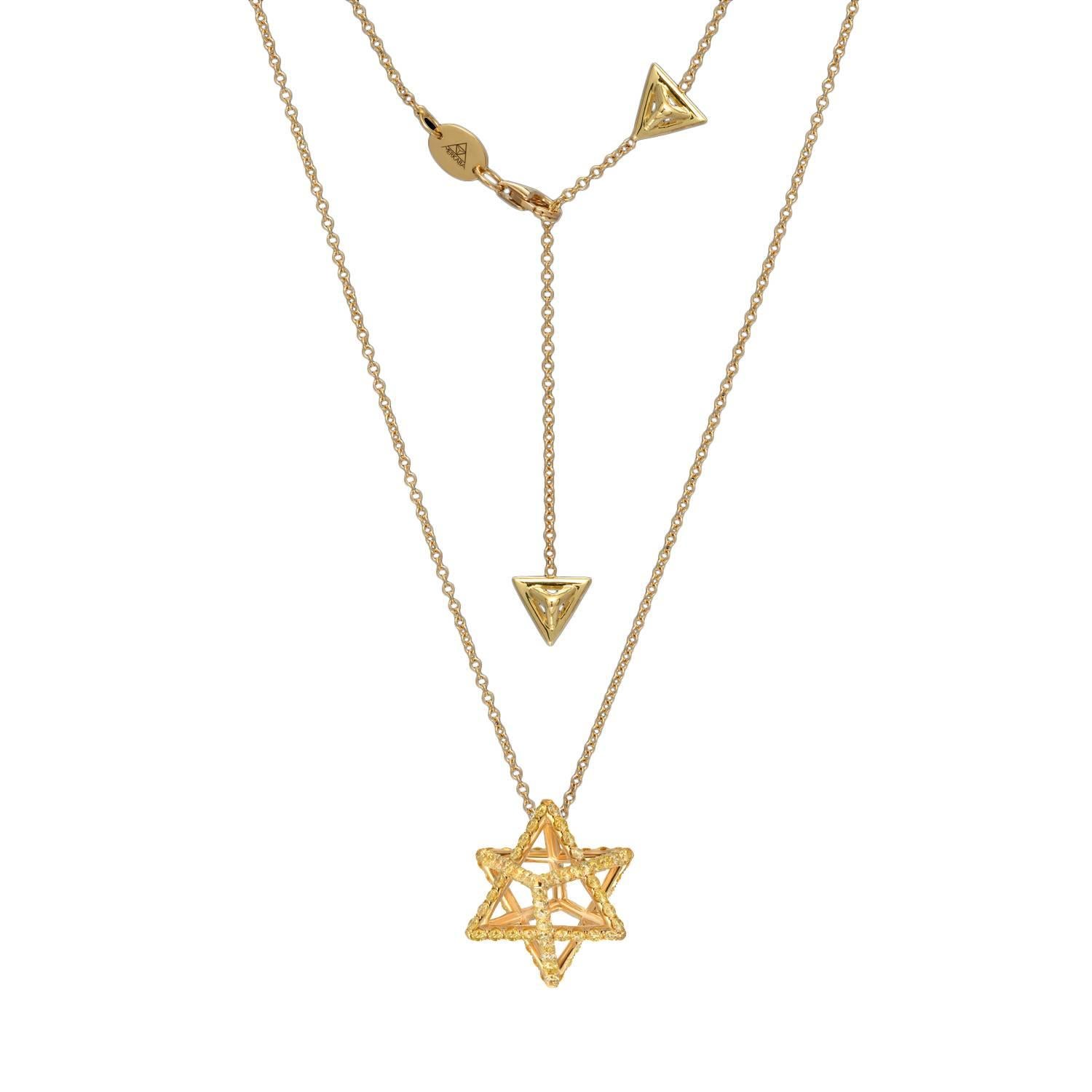 18k yellow gold necklace featuring a total of approximately 1.28 carats of fancy yellow diamonds. This heirloom-quality, sacred geometric jewelry piece, suspends elegantly at the chest, measuring 0.68”, a three-dimensional symbol of universal light.