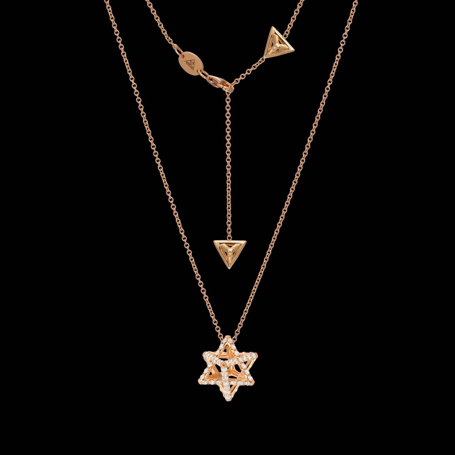 18k rose gold Merkaba star necklace, featuring a total of approximately 0.97ct carats of round brilliant diamonds, F-G color and VVS2-VS1 clarity. This heirloom-quality, sacred geometric jewelry piece, suspends elegantly at the chest, measuring