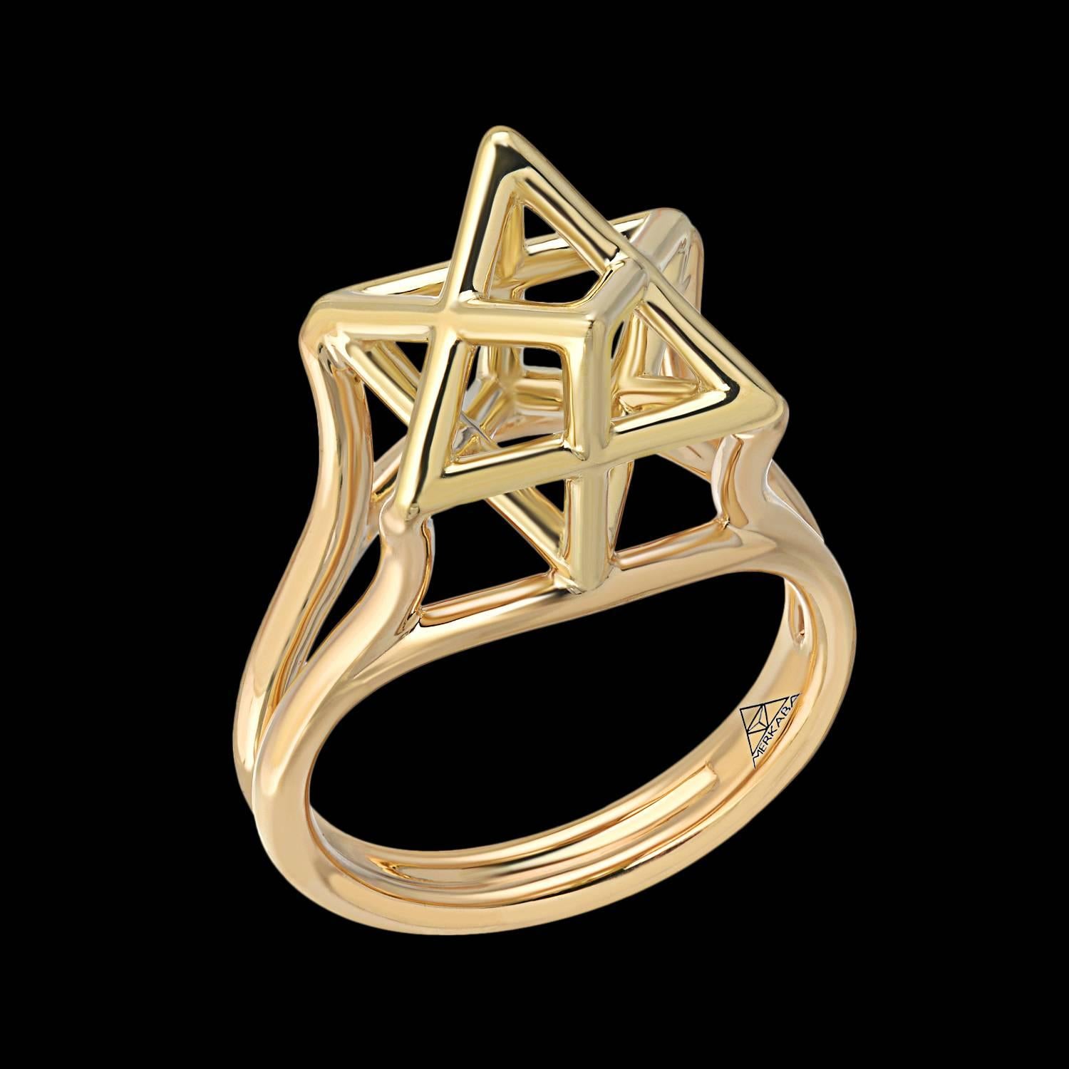 This Merkaba 18k yellow gold ring, features an architectural design, extending upward from the hand, 0.43 inches, a stunning three-dimensional Star of David.
Size 6. Can be resized to fit.
*Each piece comes with a certificate of authenticity and
