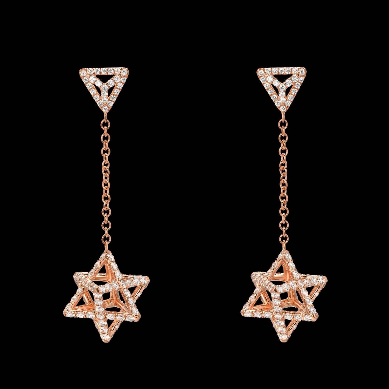 Merkaba 18K rose gold drop earrings, tethered by a triangle stud, feature a cable chain suspending a Merkaba star measuring 0.57 inches. Secure screw backs mirror the triangle motif. Set with a total of approximately 2.39 carats of round brilliant
