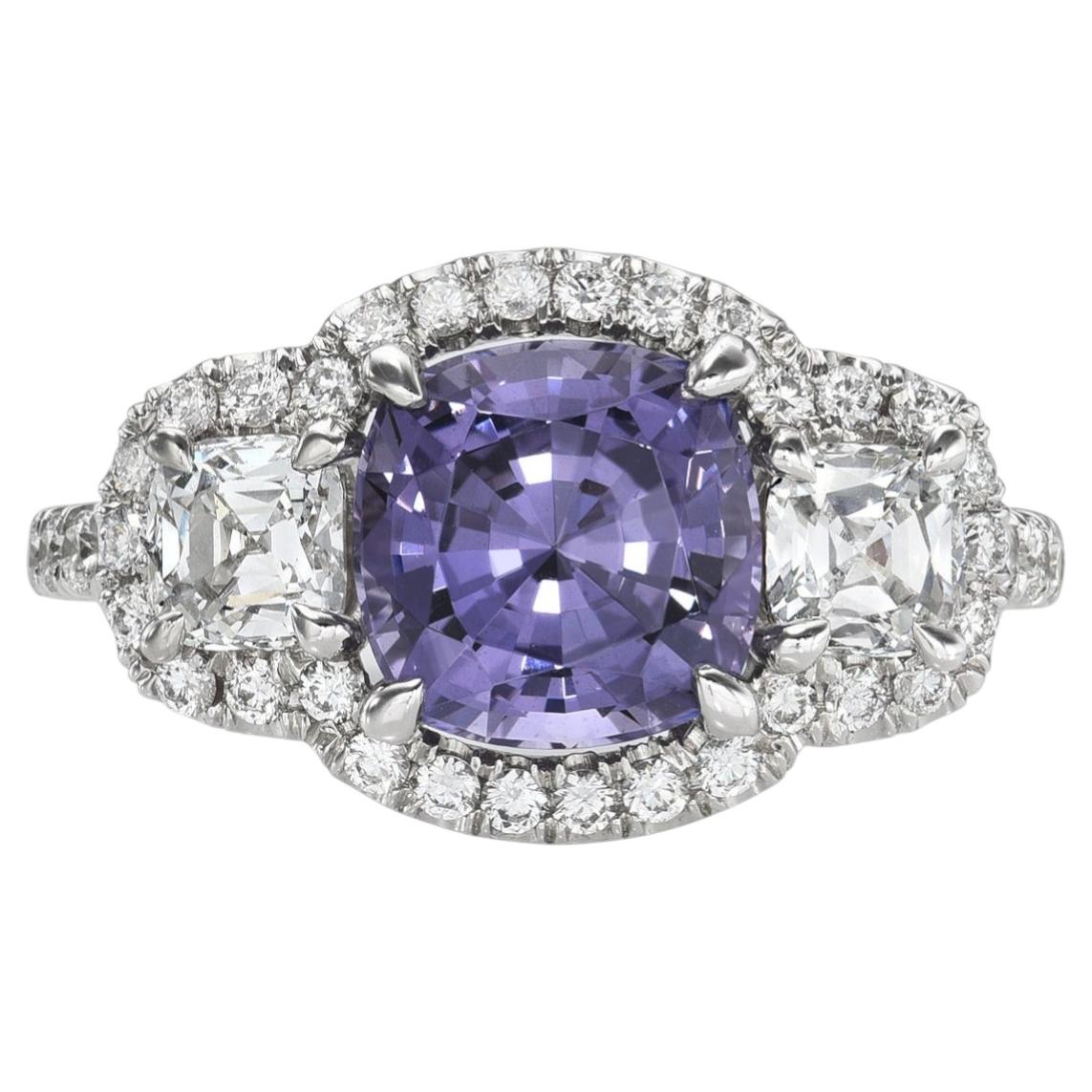2.30 Carat Natural Lavender Spinel Three-Stone Diamond Ring Platinum by Merkaba