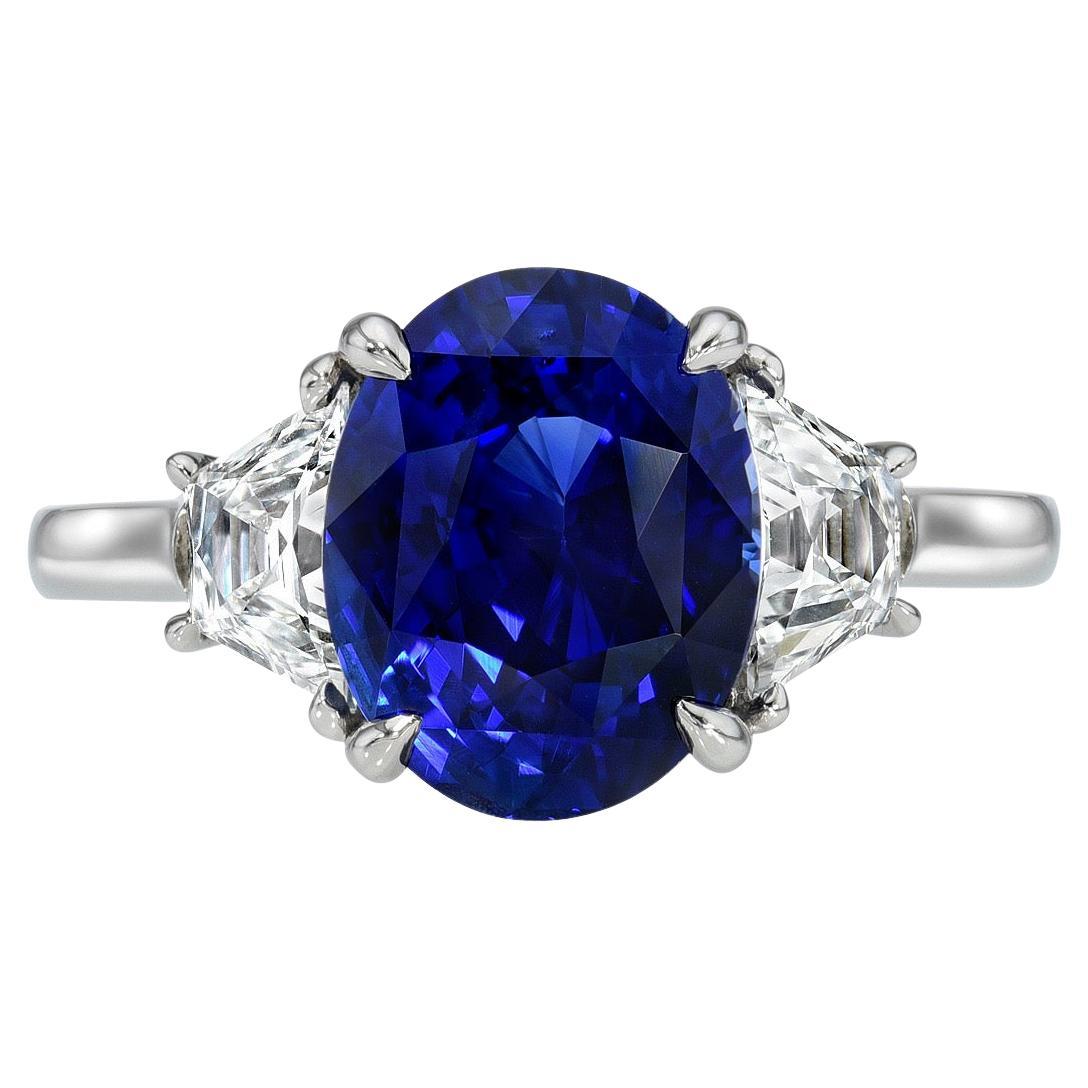 Royal Blue Sapphire Platinum Ring with French Trapezoid Diamonds - Beverly Hills