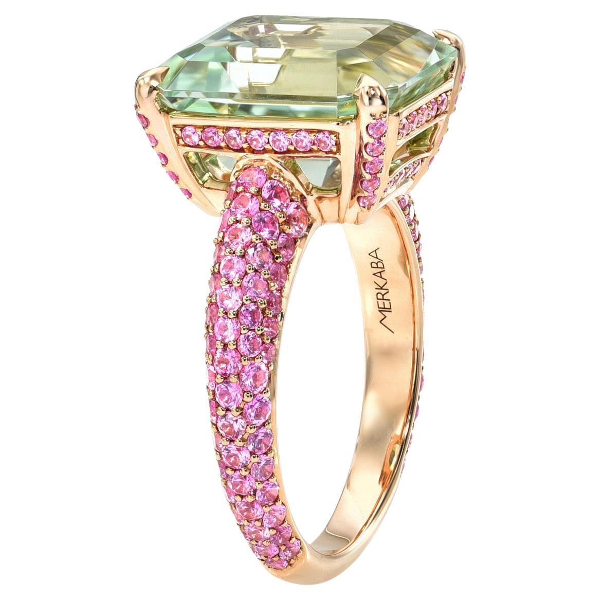 7.70 Carat Mint Green Tourmaline 18K Rose Gold Ring with Pink Sapphires
Discover unparalleled luxury with this extraordinary Mint Green Tourmaline ring, a creation that embodies sophistication and rarity. Featuring a 7.70-carat emerald-cut Mint
