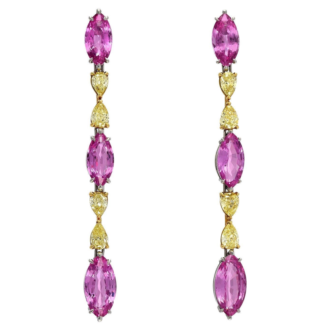 Modern Pink Sapphire Earrings Yellow Diamonds 12.10 Carats For Sale