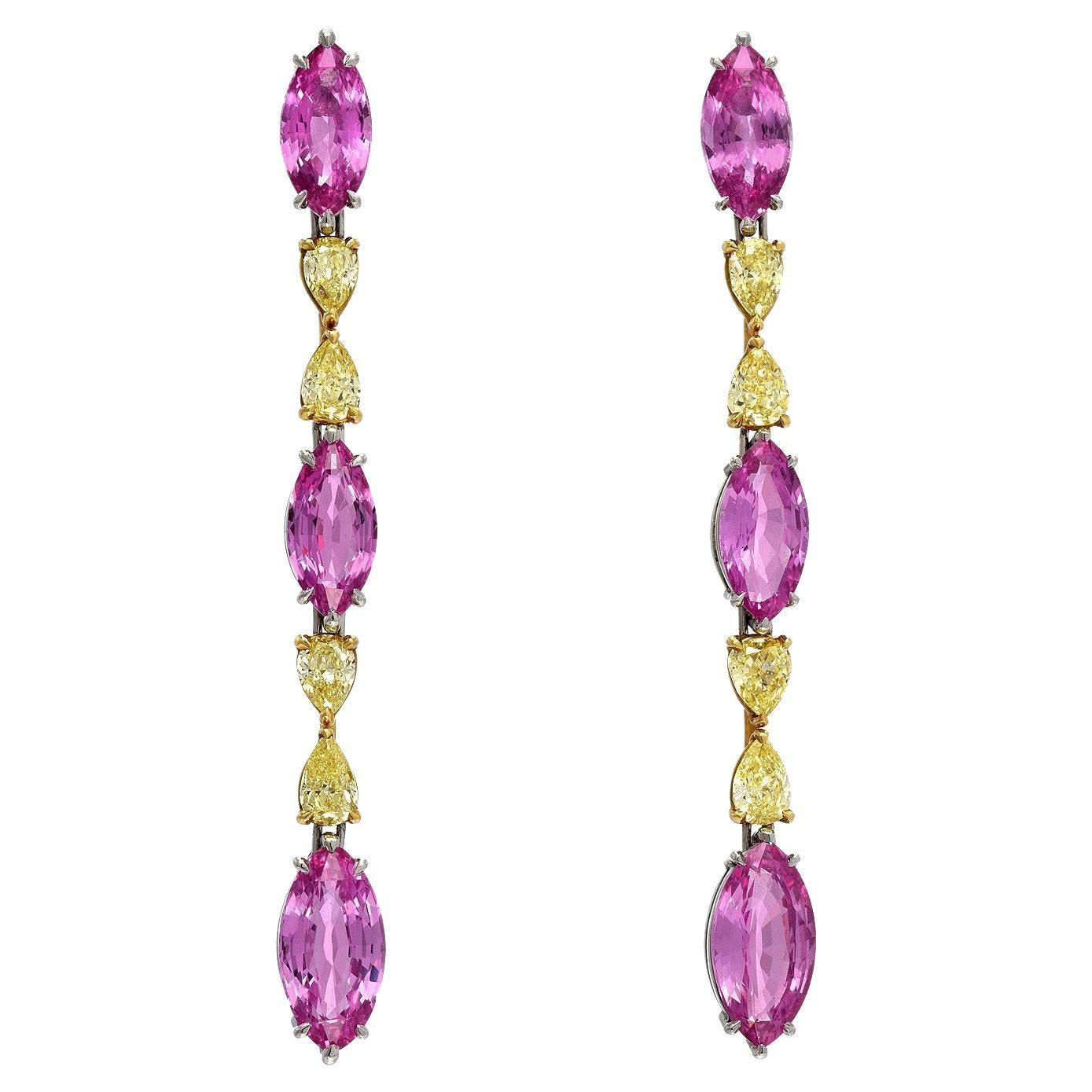 Marquise Cut Pink Sapphire Earrings Yellow Diamonds 12.10 Carats For Sale