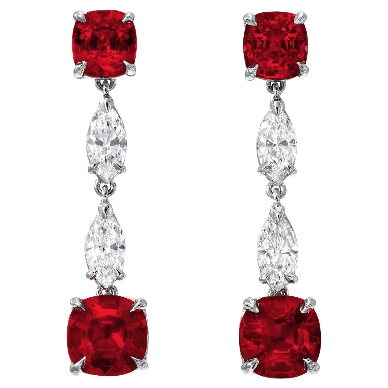 Unheated Ruby Earrings Cushion Cut 4.35 Carats GIA Certified No Heat In New Condition For Sale In Beverly Hills, CA