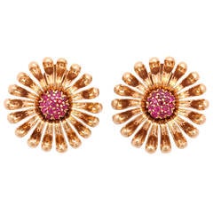 1940s Cartier Ruby Gold Flower Earrings
