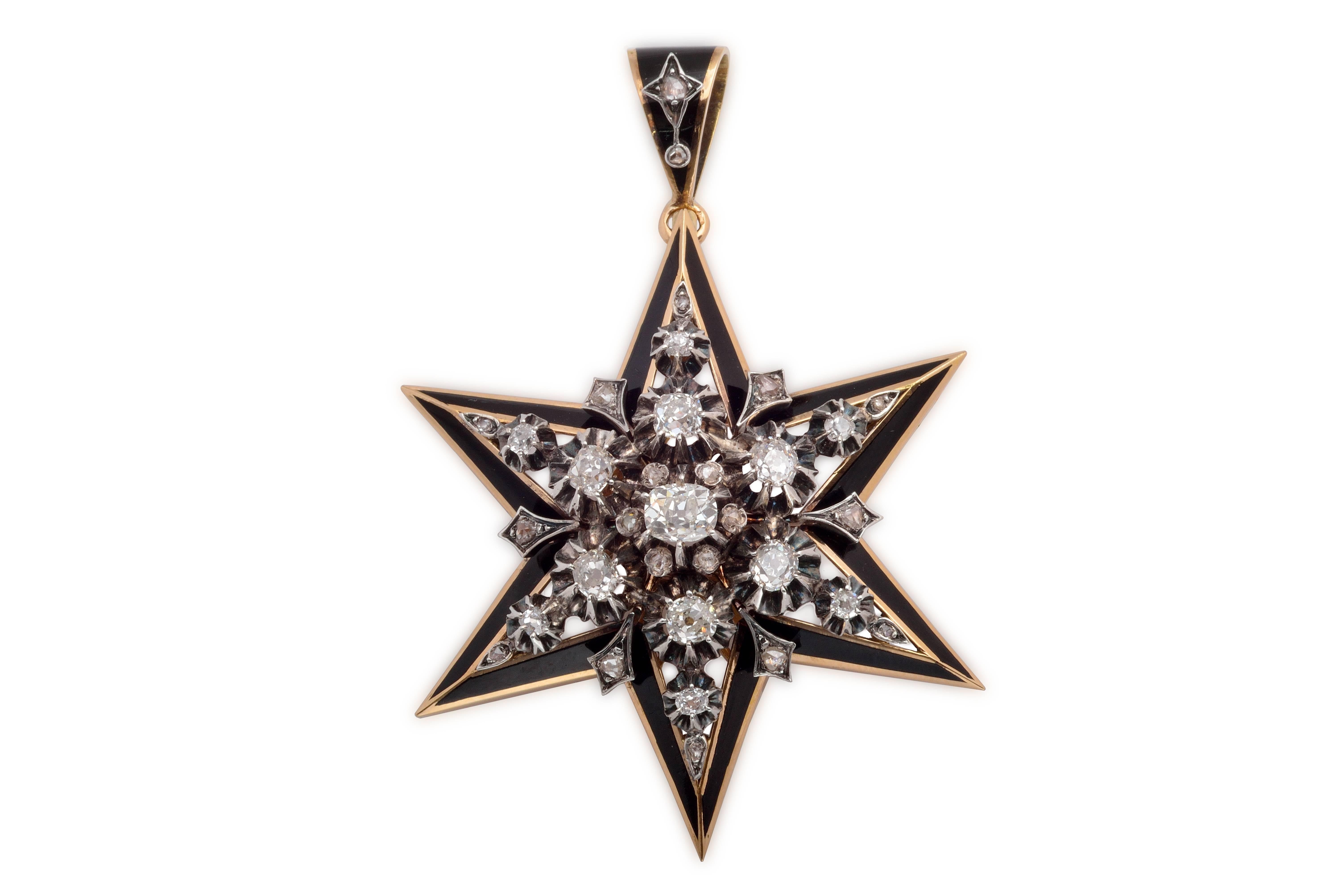 19th Century French Diamond Black Enamel Silver Gold Star Pendant Brooch For Sale