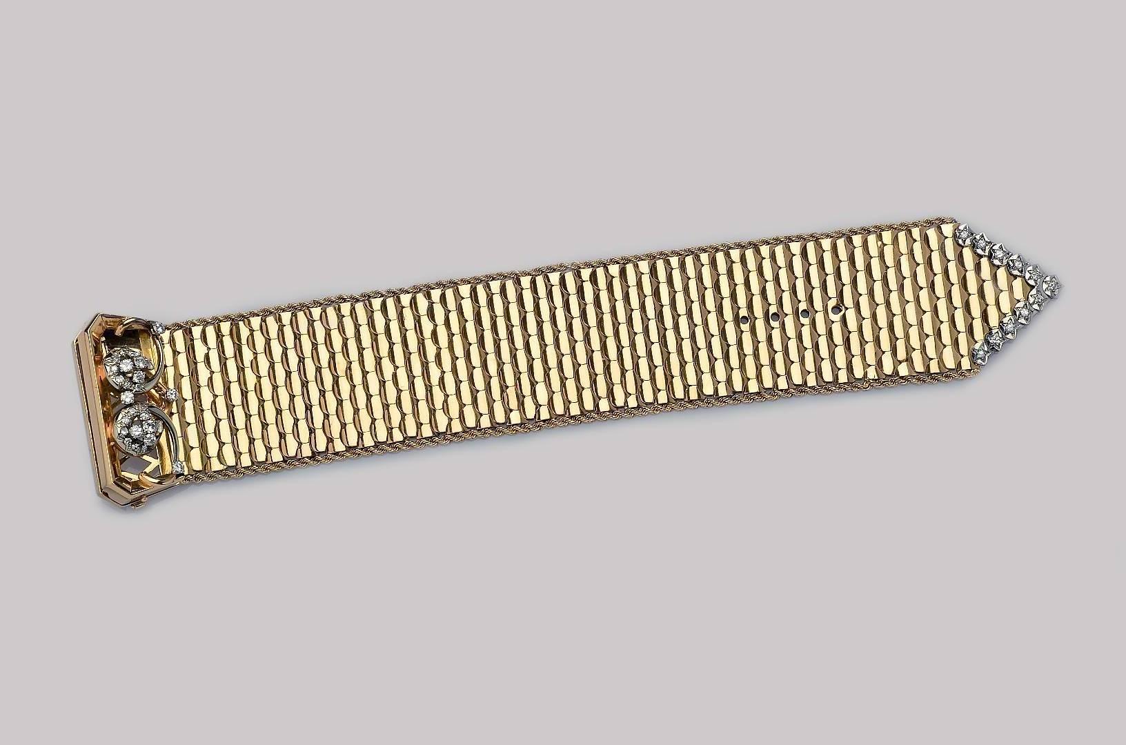 Post-War 1940s Diamond Gold Belt Buckle Bracelet