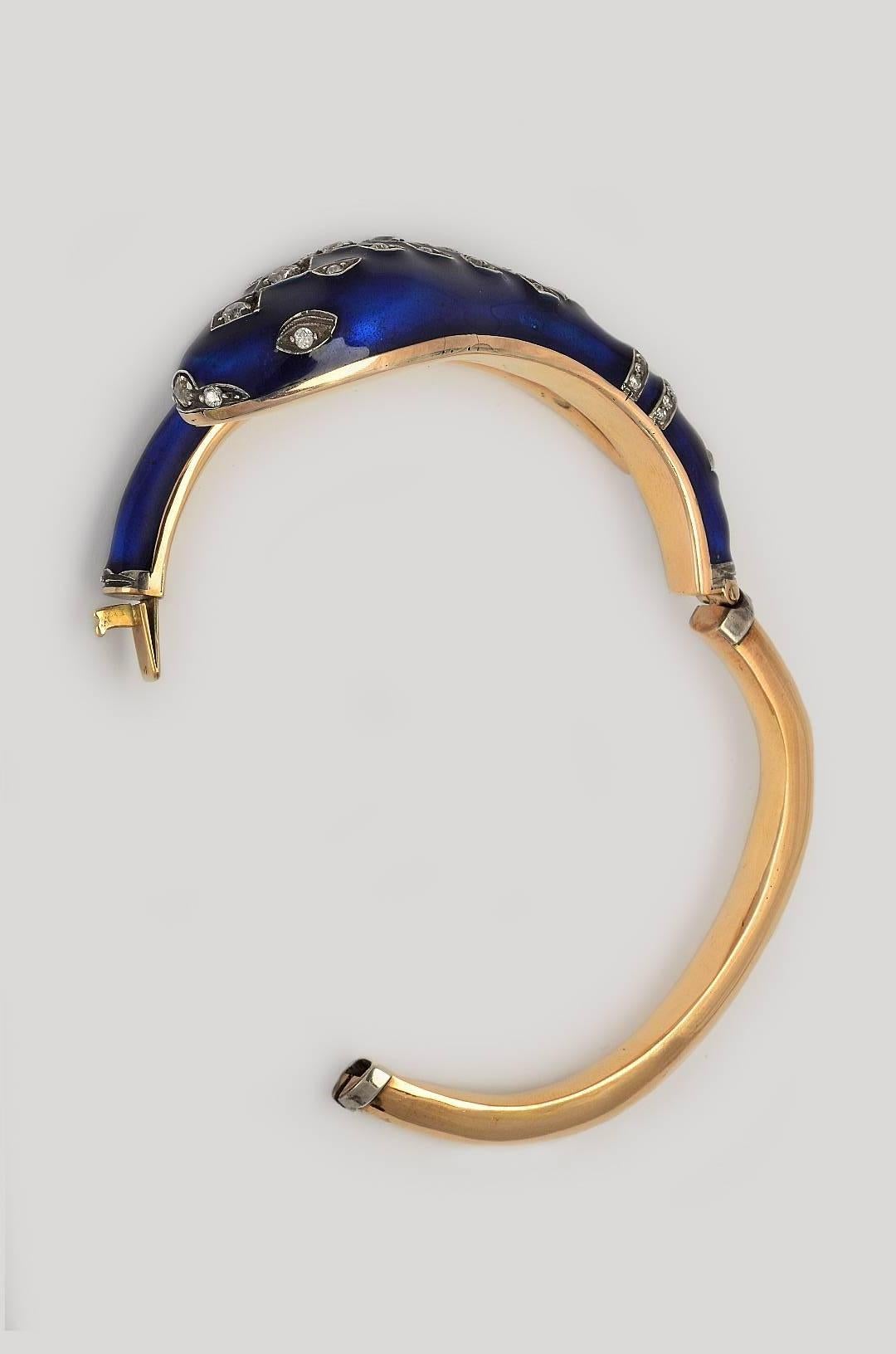 Women's Diamond Silver Gold Blue Enamel Snake Bracelet For Sale