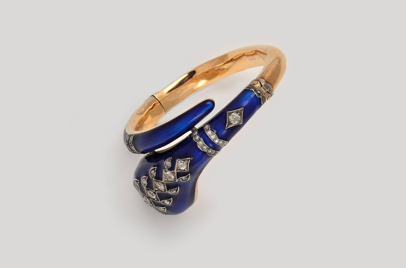 Diamond Silver Gold Blue Enamel Snake Bracelet For Sale 1