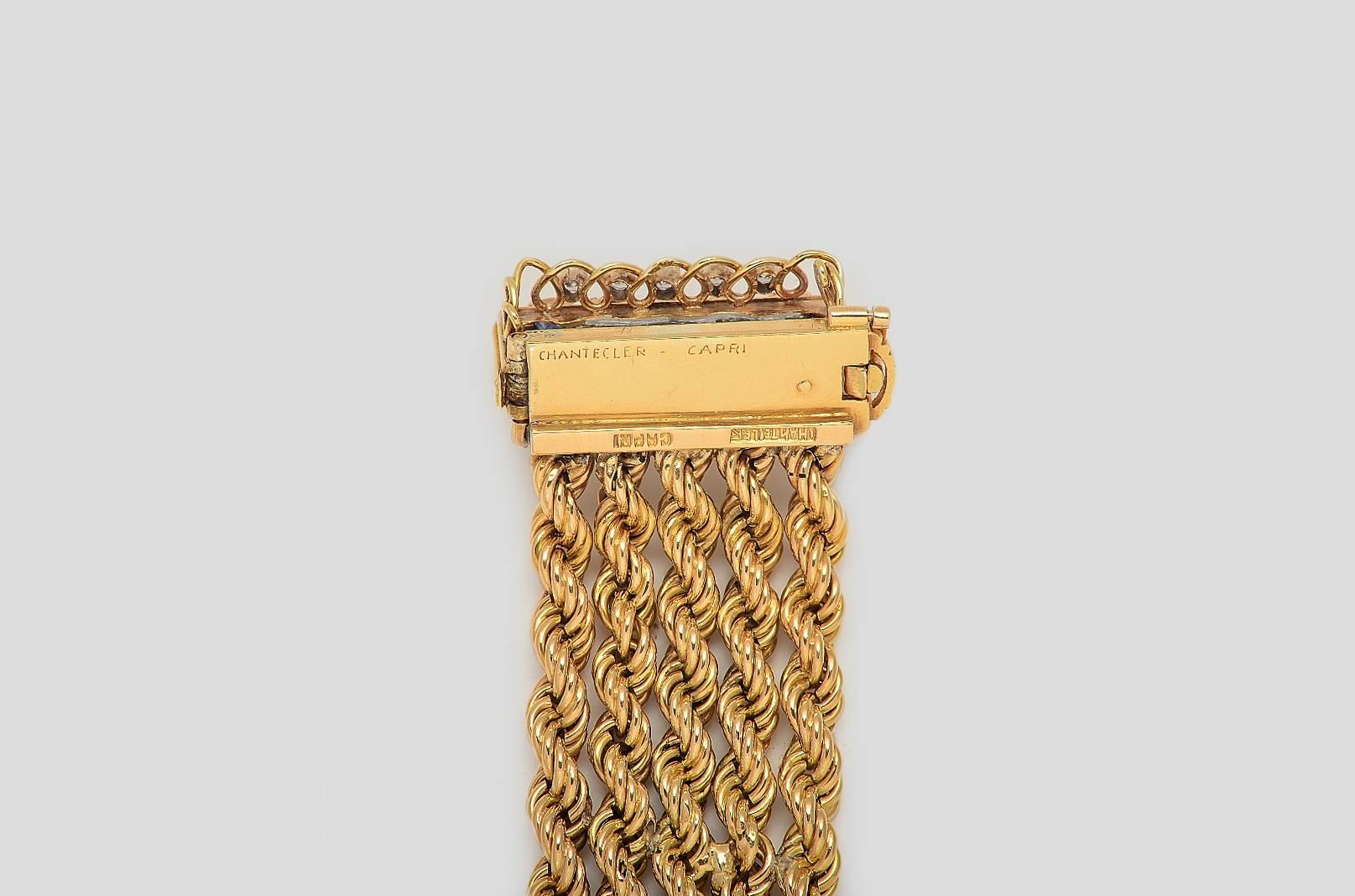 Women's 1950s Retro Chantecler Capri Gold 18 Kts. Diamond Sapphire Belt Buckle Bracelet  For Sale