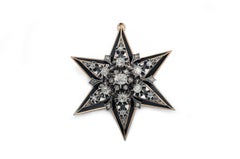 19th Century French Diamond Black Enamel Silver Gold Star Pendant Brooch