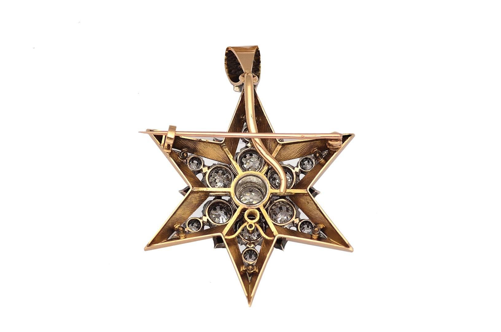 Edwardian 19th Century French Diamond Black Enamel Silver Gold Star Pendant Brooch For Sale