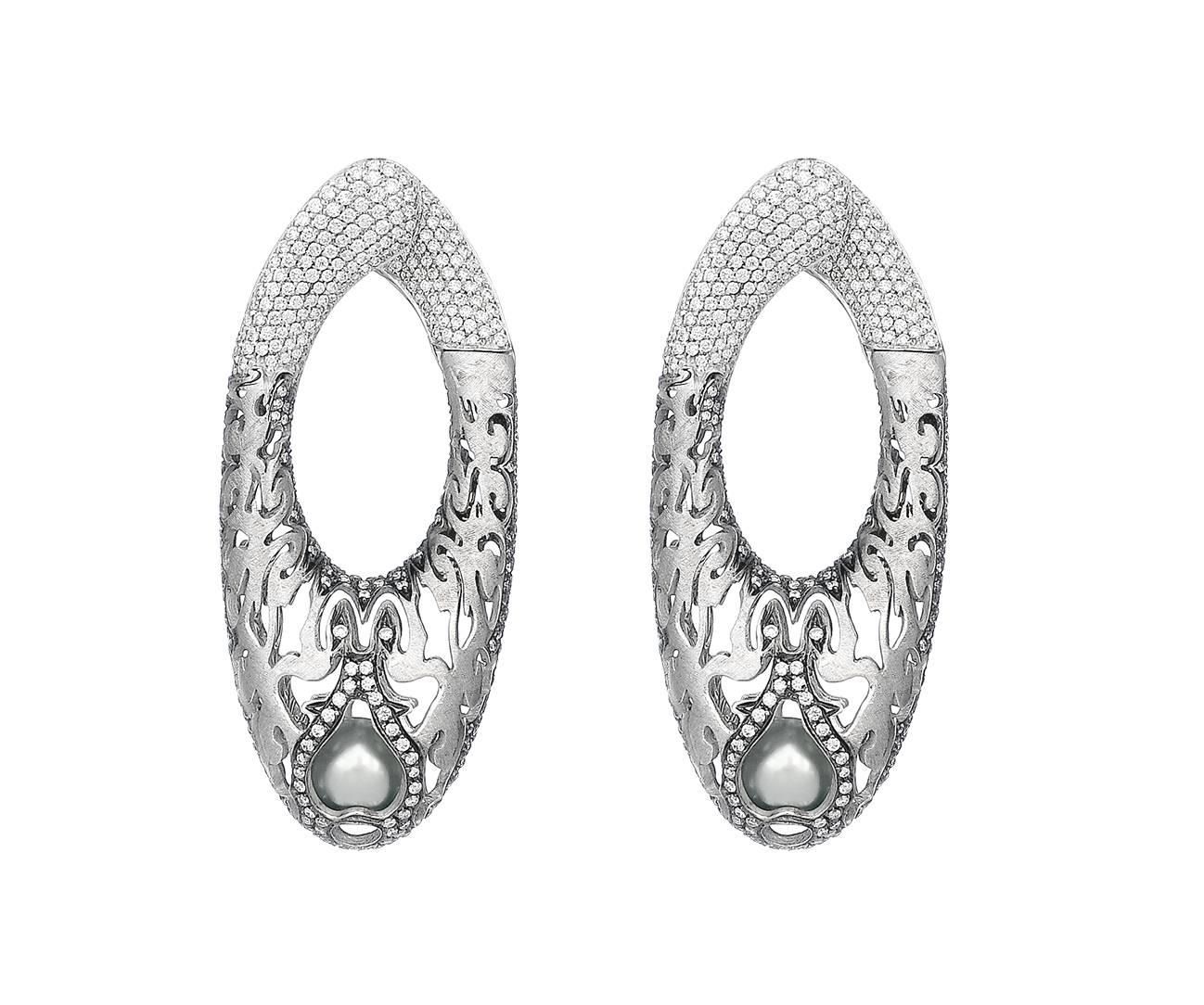 Missbach Ovaloni Diamond Pearl Gold Hoop Earrings In New Condition For Sale In Milano, Lombardia