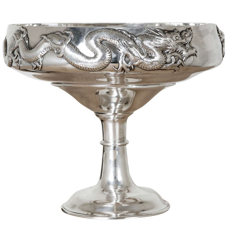 Chinese Export Silver Bowl on plain round pedestal base. The decoration is of 2 applied opposing dragons against a plain background. 
The bowl was made by Luan Hing, Shanghai, circa 1900.
The diameter is 24cm; the height is 22cm: the weight is