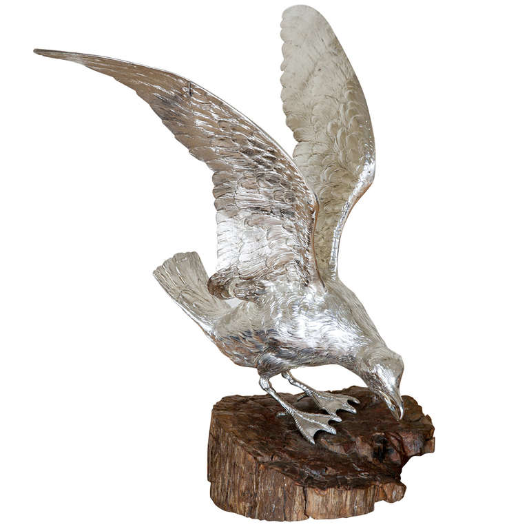This is a realistic model of a Seagull just landing on, or about to take off from, a rocky base. The bird is sterling silver with import marks for Berthold Mueller London 1910; and the base is formed from a piece of petrified wood. The overall