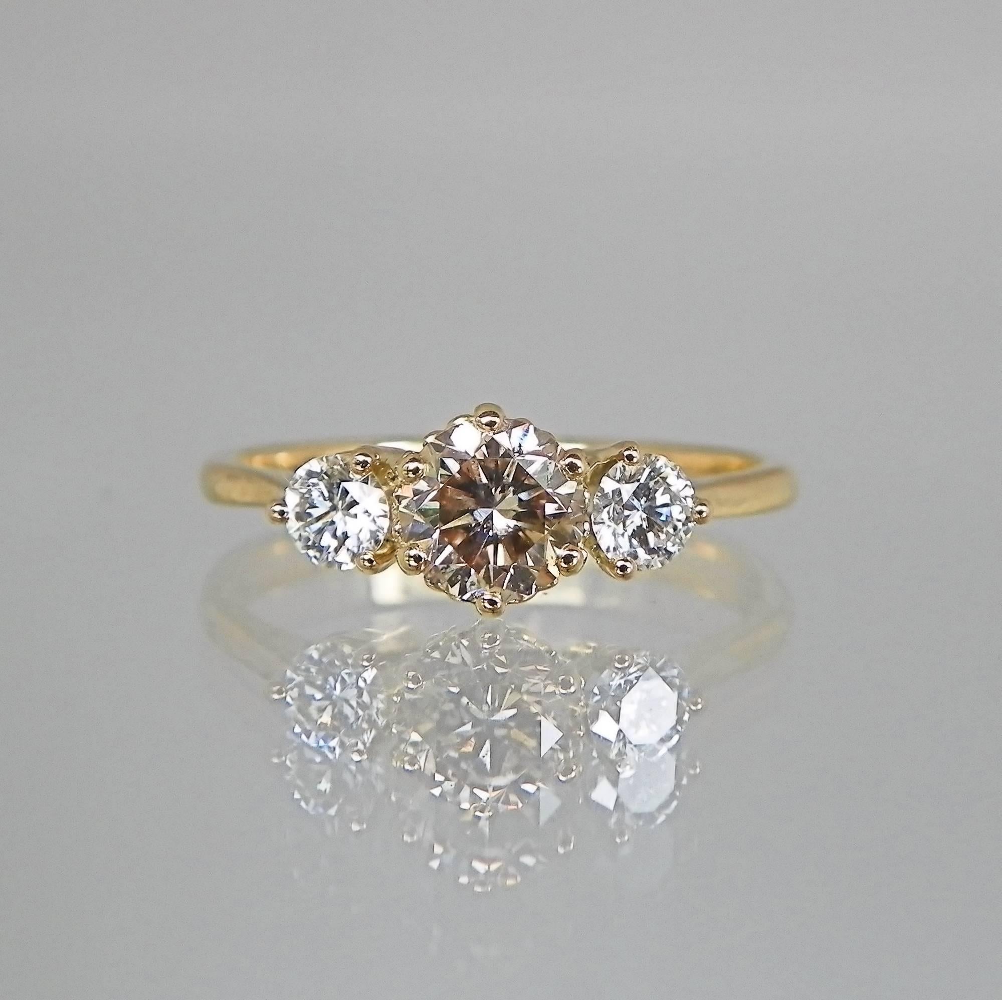 Modern Exquisite Champagne and White Diamond Gold Three-Stone Engagement Ring For Sale