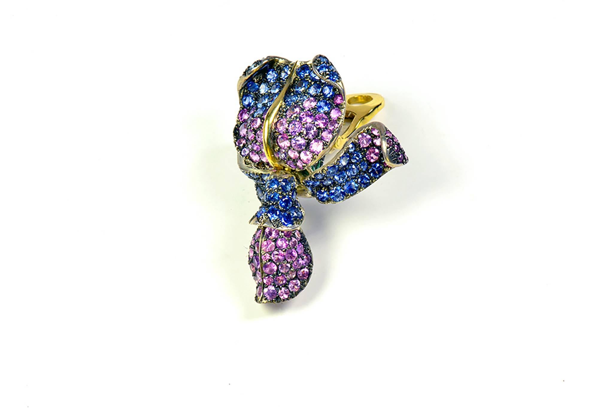 Contemporary Unique Glycine's Flower Ear Clips 18K Gold, pave set Emeralds and Sapphires For Sale