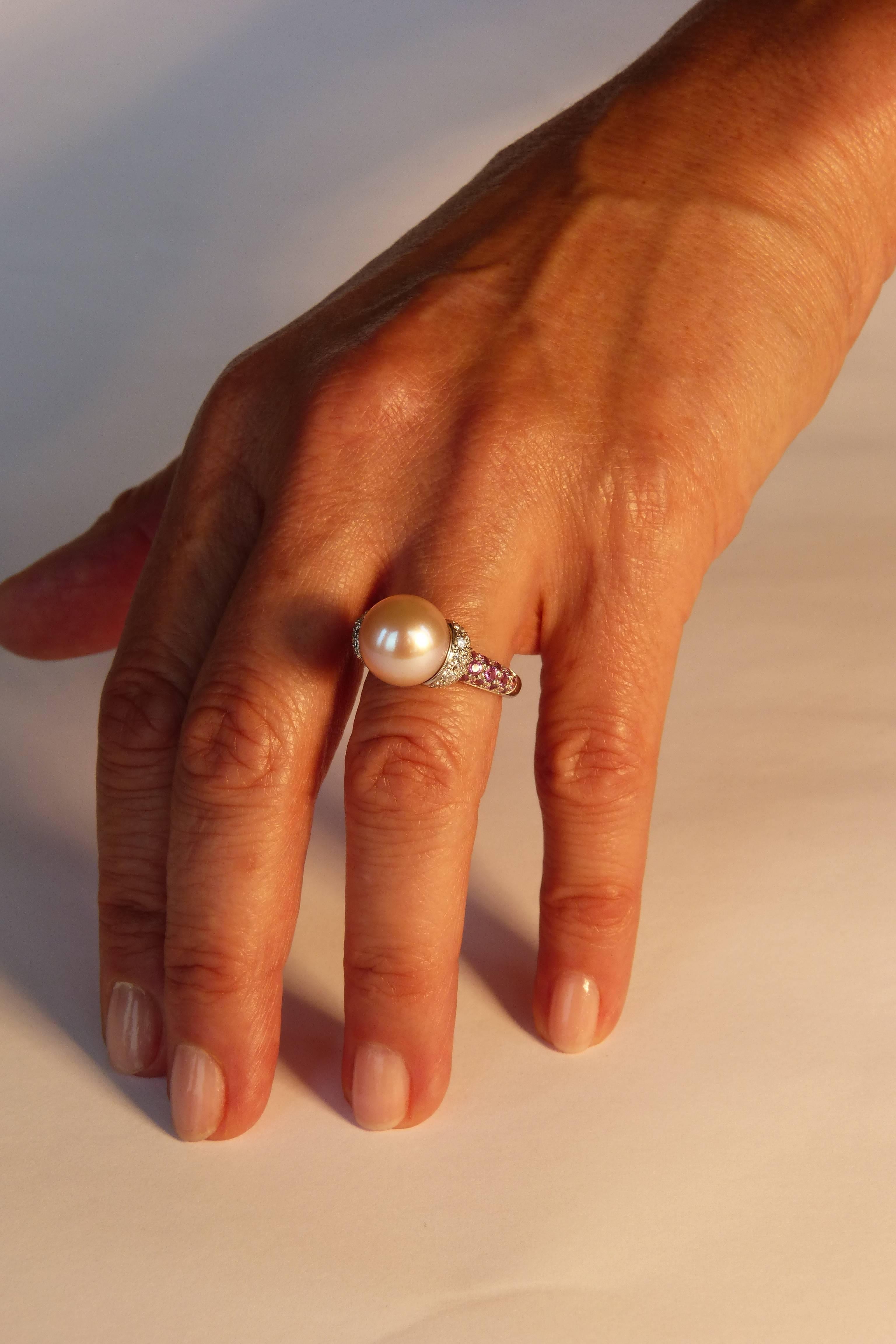 Pink Fresh Water Pearl, White Diamonds and Pink Sapphires 18K White Gold Ring  3