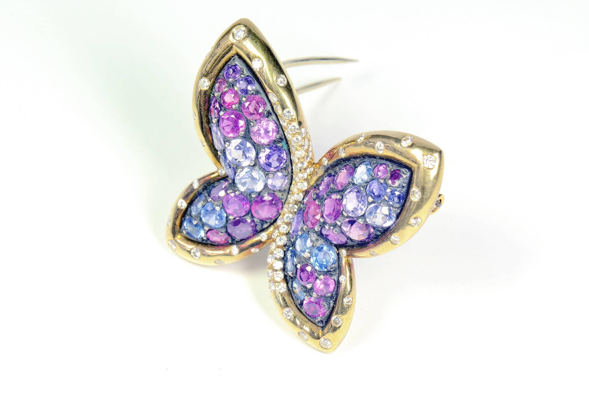 Contemporary Colored Sapphires Butterfly Brooch Created by Marion Jeantet For Sale